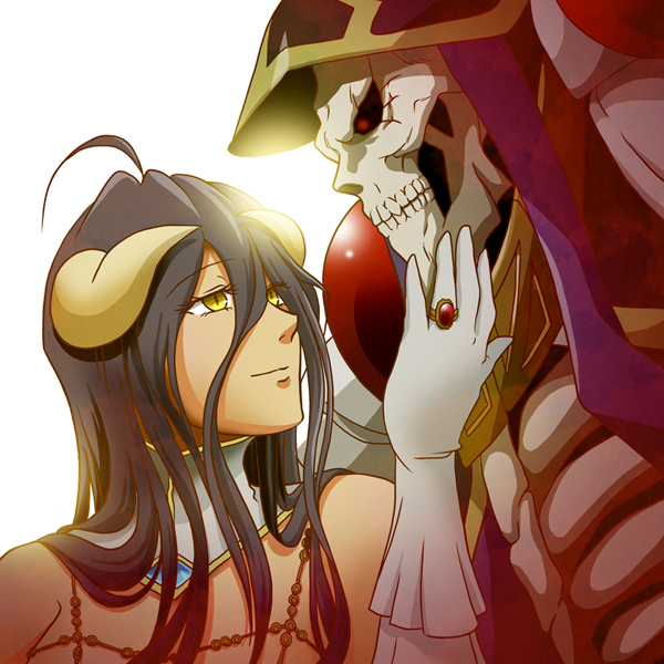 1boy, 1girl, ahoge, ainz_ooal_gown, albedo, bare_shoulders, black_hair, black_wings