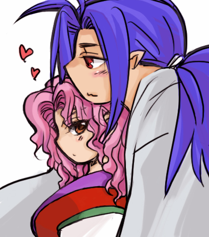 blue_hair, genkai, heart, lowres, momo&amp;a, orange_eyes, pink_hair, pointy_ears