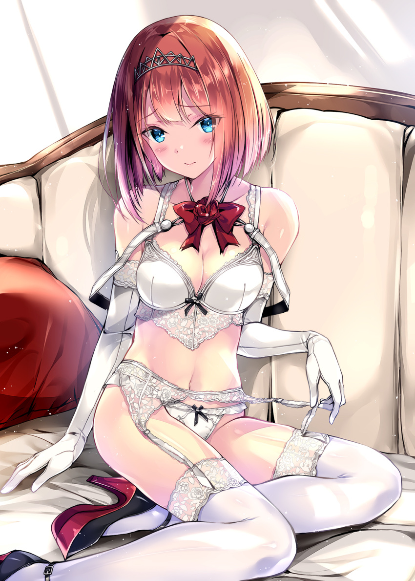 1girl, ark_royal_(kantai_collection), bangs, bare_shoulders, bed, blue_eyes, blush, bob_cut, bow, bowtie, bra, breasts, cleavage, collarbone, elbow_gloves, eyebrows_visible_through_hair, eyes_visible_through_hair, flower, garter_belt, garter_straps, gloves, hairband, high_heels, highres, indoors, kantai_collection, kobayashi_chisato, light_particles, lingerie, looking_at_viewer, medium_breasts, navel, on_bed, panties, red_bow, red_flower, red_rose, redhead, ribbon, rose, short_hair, sidelocks, sitting, smile, solo, stomach, thigh-highs, tiara, underwear, underwear_only, white_bra, white_gloves, white_legwear, white_panties, yokozuwari