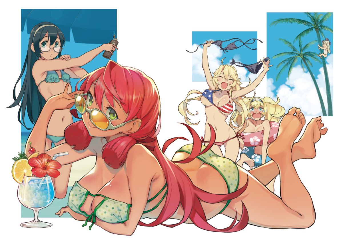 4girls, akashi_(kantai_collection), american_flag_bikini, ass, bikini, black_bikini, black_hair, blonde_hair