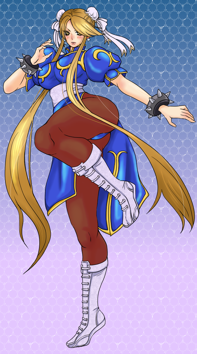 1girl, blonde_hair, blue_dress, blush, boots, bracelet, breasts, bun_cover, capcom, china_dress, chinese_clothes, chun-li, chun-li_(cosplay), commentary, cosplay, dress, earrings, fighting_stance, jewelry, kasuga_(sengoku_basara), long_hair, pantyhose, pixiv, puffy_short_sleeves, puffy_sleeves, sakkun, sengoku_basara, short_sleeves, solo, spiked_bracelet, spikes, street_fighter, thighs, white_footwear, yellow_eyes