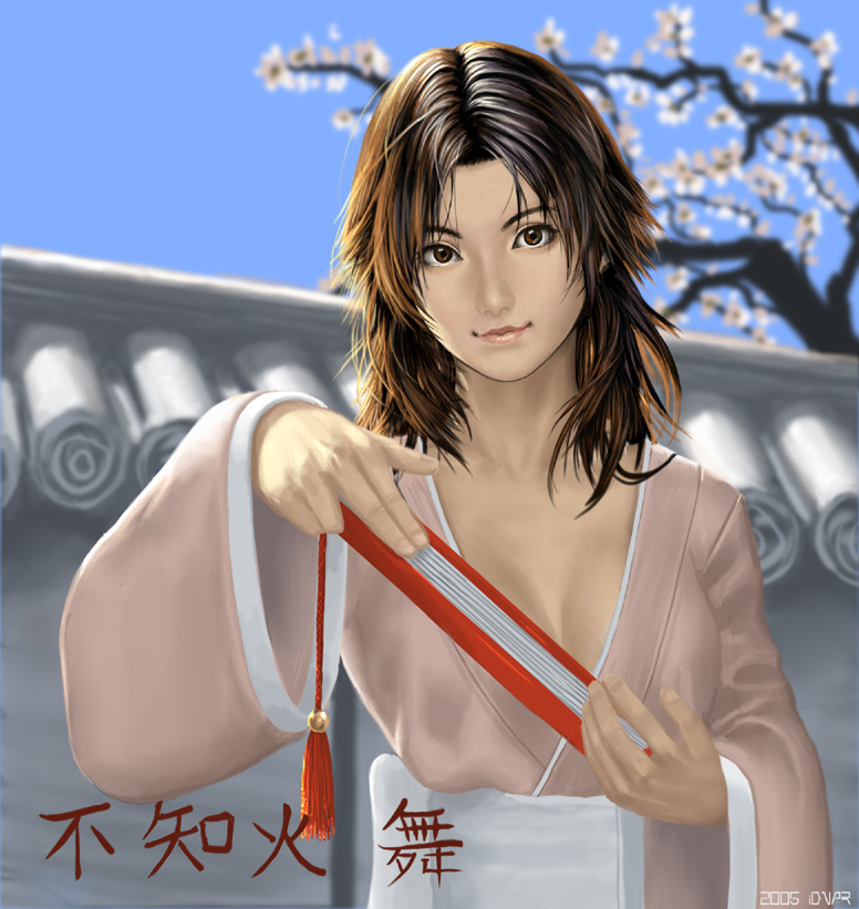 breasts, brown_eyes, brown_hair, cg, cherry_blossoms, cleavage, fan, idnar