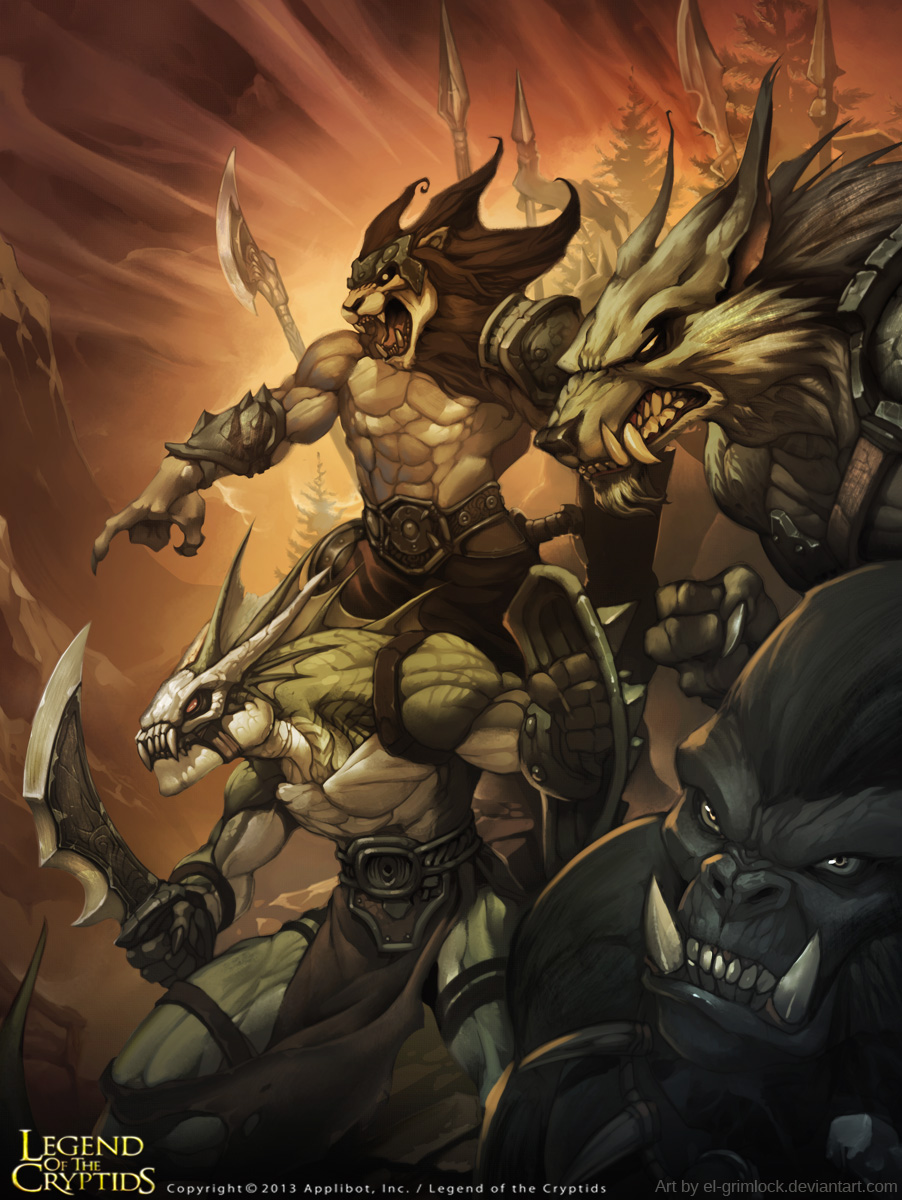 4boys, animal_ears, brown_hair, copyright_name, fangs, furry, gorilla, highres