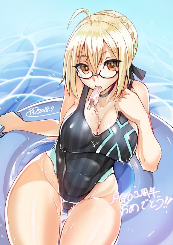 1girl, ahoge, artoria_pendragon_(all), artoria_pendragon_(swimsuit_rider_alter), bespectacled, black_swimsuit, blonde_hair, braid