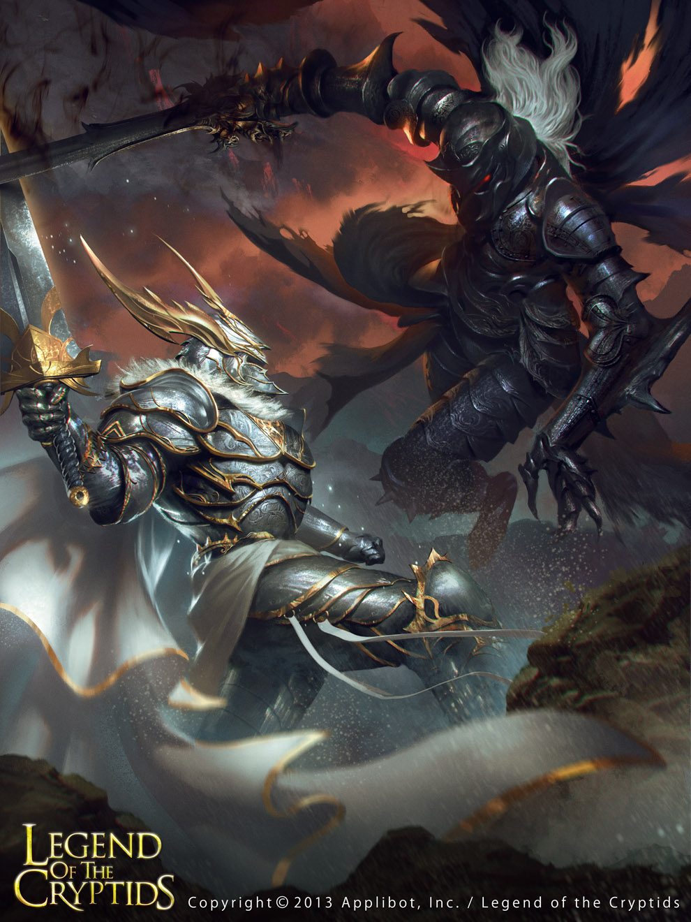 2boys, armor, cape, clouds, copyright_name, fur_trim, gloves, glowing, glowing_eyes, helmet, highres, legend_of_the_cryptids, lius_lasahido, long_hair, male_focus, multiple_boys, official_art, red_eyes, rock, sky, sword, weapon, white_hair