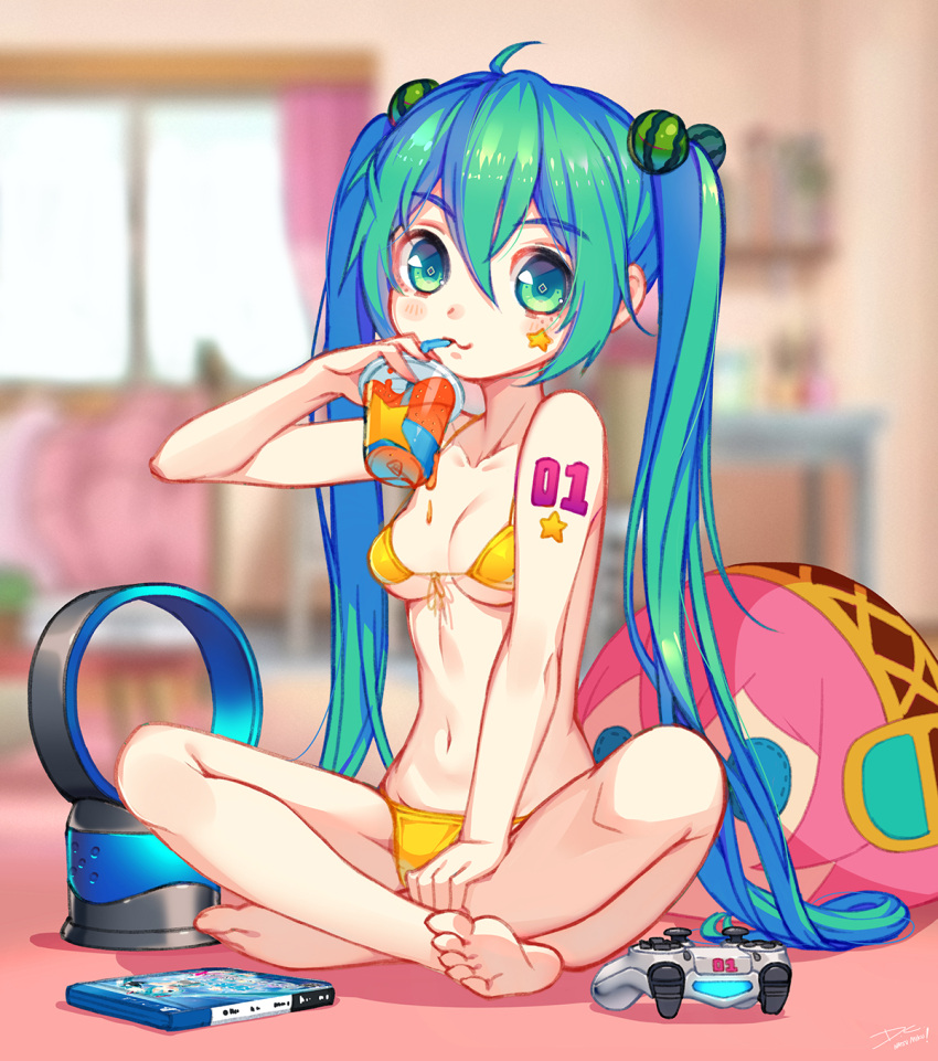 1girl, ahoge, barefoot, bikini, bladeless_fan, blurry, breasts, controller