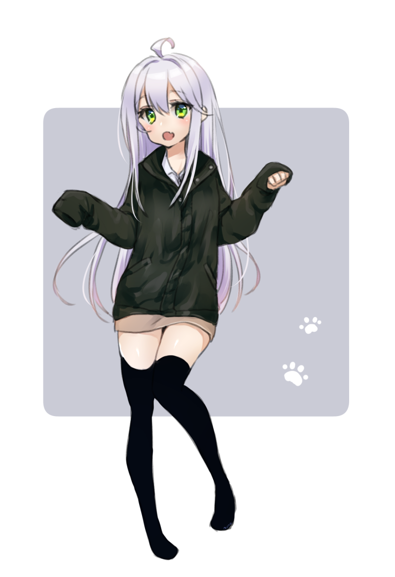 1girl, ahoge, bangs, black_jacket, black_legwear, blush, brown_skirt, collared_shirt, eyebrows_visible_through_hair, fang, full_body, green_eyes, hair_between_eyes, hands_up, head_tilt, jacket, long_hair, long_sleeves, looking_at_viewer, miniskirt, no_shoes, nuno_(pppompon), open_mouth, original, shirt, silver_hair, skirt, sleeves_past_fingers, sleeves_past_wrists, solo, standing, standing_on_one_leg, thigh-highs, very_long_hair, white_shirt