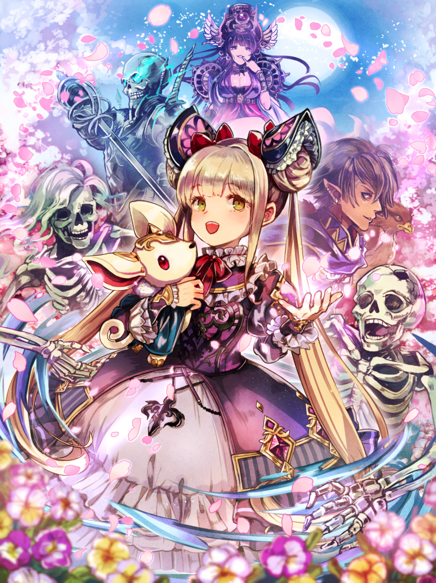 1boy, 2girls, :d, bird, blonde_hair, breasts, brown_hair, cracked, dark_skin, dark_skinned_male, dress, frilled_dress, frills, full_moon, glowing, glowing_eyes, hawk, headpiece, highres, khawy, kidojiru, large_breasts, luna_(shadowverse), moon, mordecai_the_duelist, multiple_girls, nephthys_(grandblue_fantasy), open_mouth, petals, pointy_ears, purple_dress, red_eyes, shadowverse, skeleton, smile, sword, violet_eyes, weapon, yellow_eyes