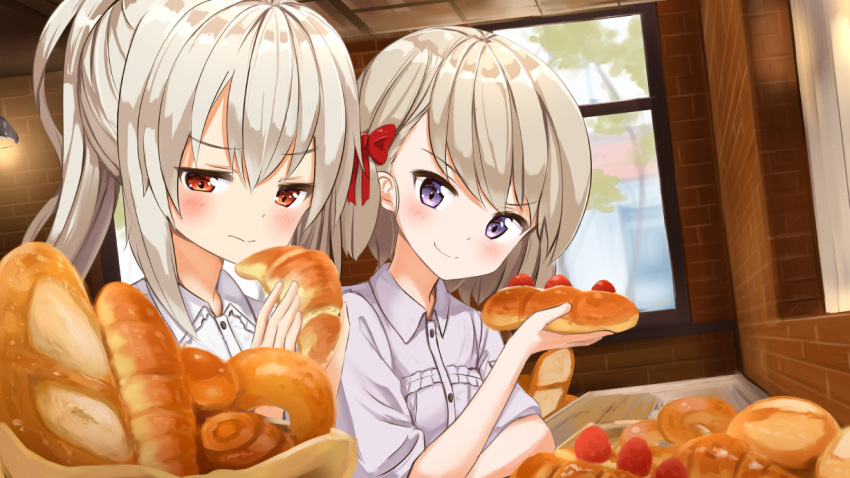 2girls, ame., ayanami_(azur_lane), azur_lane, blush, bow, bread, closed_mouth