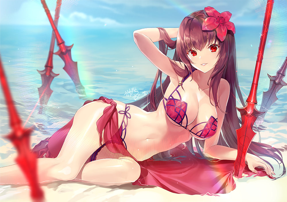 1girl, arm_up, bangs, bare_arms, bare_shoulders, beach, bikini, blue_sky