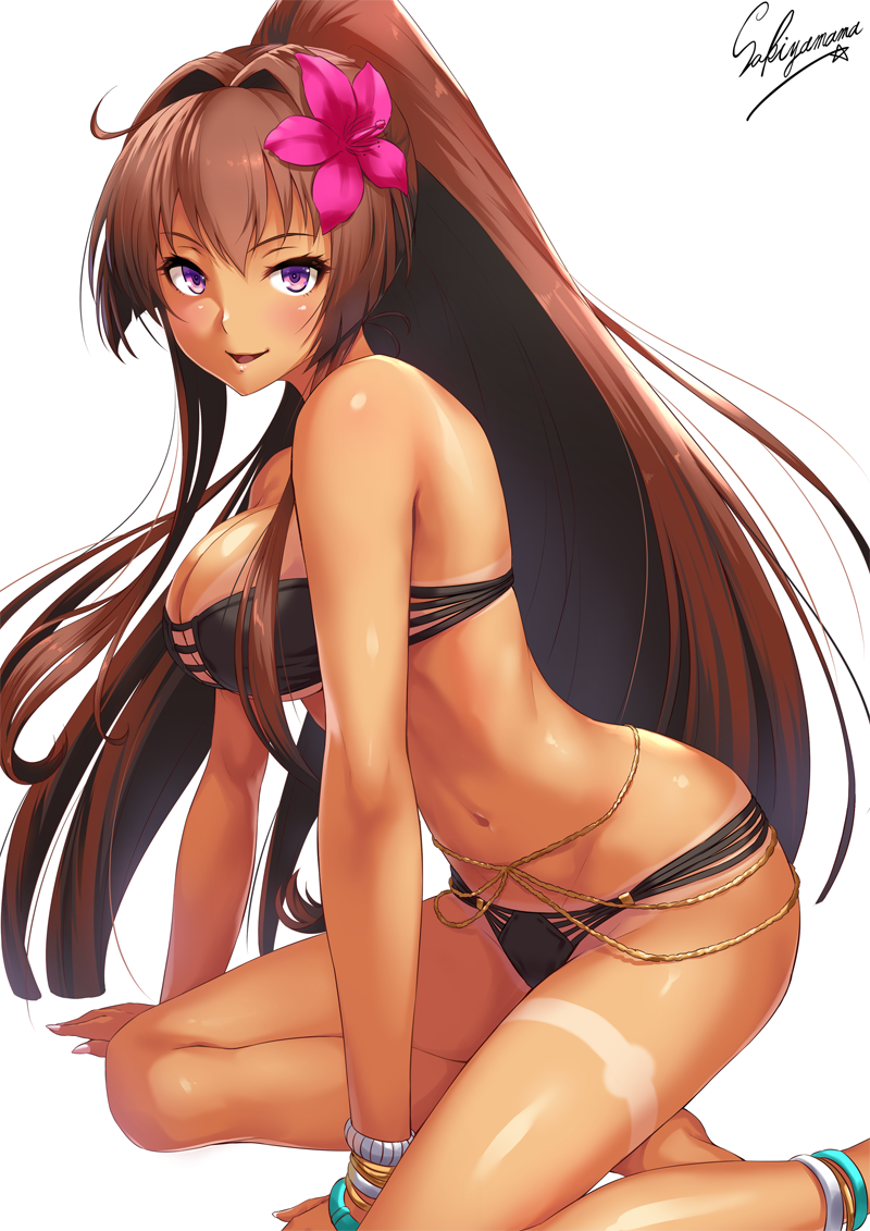 1girl, ahoge, alternate_costume, alternate_eye_color, anklet, arm_support, artist_name, ass, bangle, bangs, bare_shoulders, belly_chain, between_legs, bikini, black_bikini, blush, bracelet, bracelt, breasts, brown_hair, cleavage, closed_mouth, flower, groin, hair_flower, hair_intakes, hair_ornament, hand_between_legs, jewelry, kantai_collection, large_breasts, leaning_forward, long_hair, looking_at_viewer, navel, open_mouth, pink_flower, ponytail, sakiyamama, sidelocks, signature, simple_background, sitting, skindentation, smile, solo, stomach, strapless, strapless_bikini, swimsuit, tan, tanline, thighs, very_long_hair, violet_eyes, white_background, yamato_(kantai_collection), yokozuwari