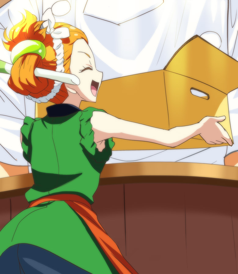 1girl, :d, ^_^, box, closed_eyes, closed_eyes, from_behind, hair_ornament, hair_stick, haruyama_kazunori, holding, holding_box, hugtto!_precure, ichijou_ranze, japanese_clothes, open_mouth, orange_hair, precure, sleeveless, smile