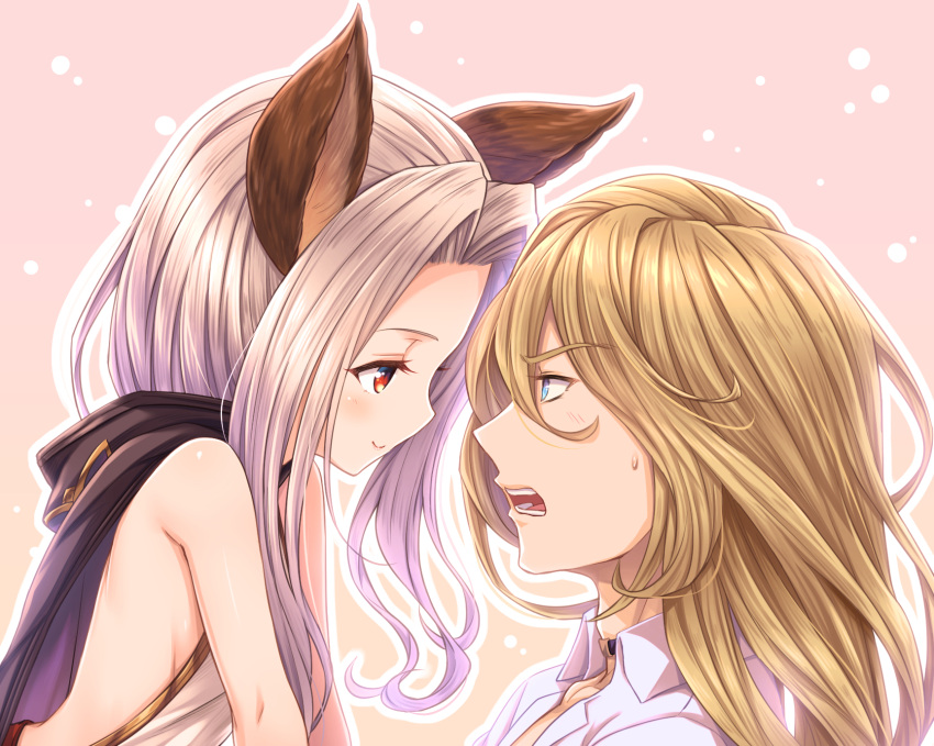 1boy, 1girl, animal_ears, bare_shoulders, black_cape, black_choker, blue_eyes, blush