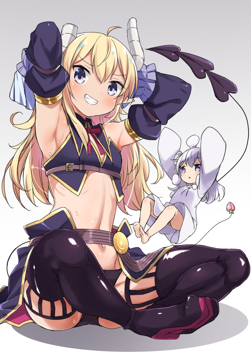 2girls, :o, absurdres, armpits, arms_behind_head, arms_up, bangs, barefoot, black_footwear, black_panties, black_shirt, black_skirt, blonde_hair, boots, brown_belt, buckle, character_request, commentary_request, crop_top, demon_girl, demon_horns, demon_tail, detached_sleeves, dress, eyebrows_visible_through_hair, full_body, gradient, gradient_background, grey_background, grin, hair_between_eyes, head_tilt, highres, horns, kounosu_satori, long_hair, long_sleeves, looking_at_viewer, looking_away, looking_up, machikado_mazoku, minigirl, multiple_girls, navel, neck_ribbon, outstretched_arms, panties, pointy_ears, red_ribbon, ribbon, shiny, shiny_clothes, shiny_hair, shiny_skin, shirt, showgirl_skirt, sitting, skirt, sleeveless, sleeveless_shirt, sleeves_past_fingers, sleeves_past_wrists, smile, stomach, sweat, tail, thigh-highs, thigh_boots, underwear, v-shaped_eyebrows, violet_eyes, white_background, white_dress, white_hair
