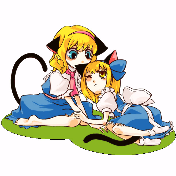 alice_margatroid, alice_margatroid_(pc-98), animal_ears, barefoot, blonde_hair, blue_eyes, ohagi_(pipedreams), tail, time_paradox, touhou, touhou_(pc-98), yellow_eyes