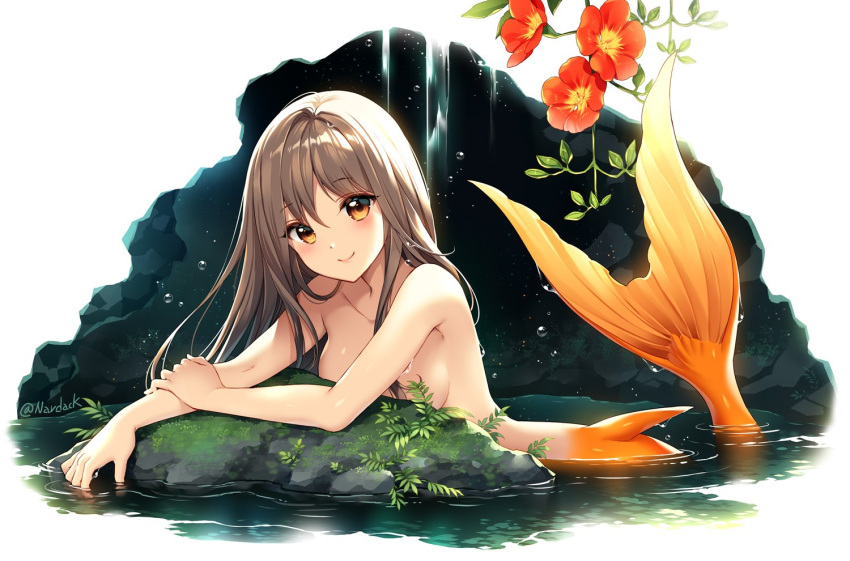 1girl, arm_support, bangs, blush, breasts, brown_eyes, collarbone, eyebrows_visible_through_hair, flower, head_tilt, light_brown_hair, long_hair, looking_at_viewer, medium_breasts, mermaid, monster_girl, nardack, nude, original, partially_submerged, rock, smile, solo, trumpet_creeper, twitter_username, water, water_drop, wet, wet_hair
