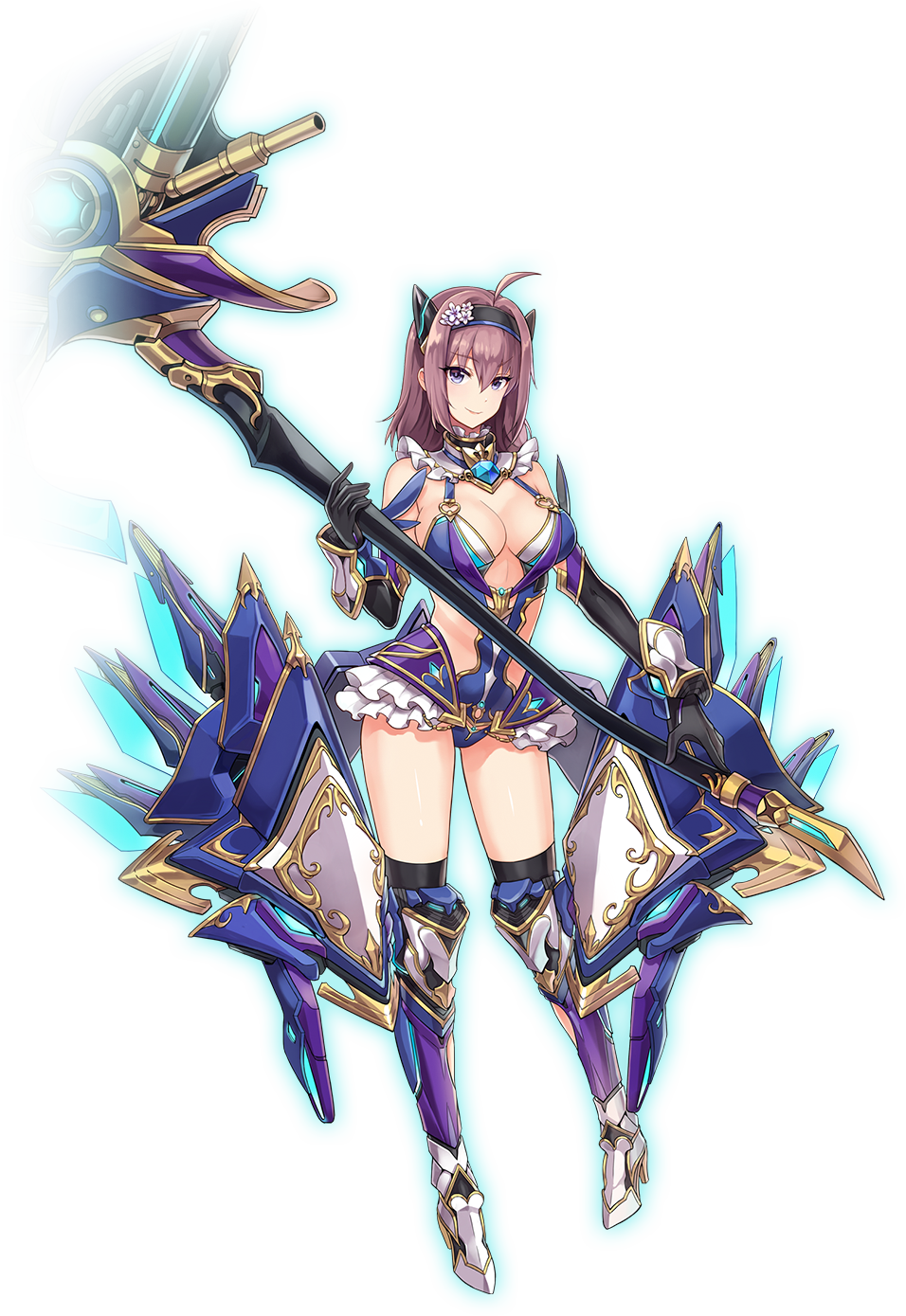 1girl, ahoge, armored_boots, artist_request, black_gloves, black_hairband, black_legwear, blue_brooch