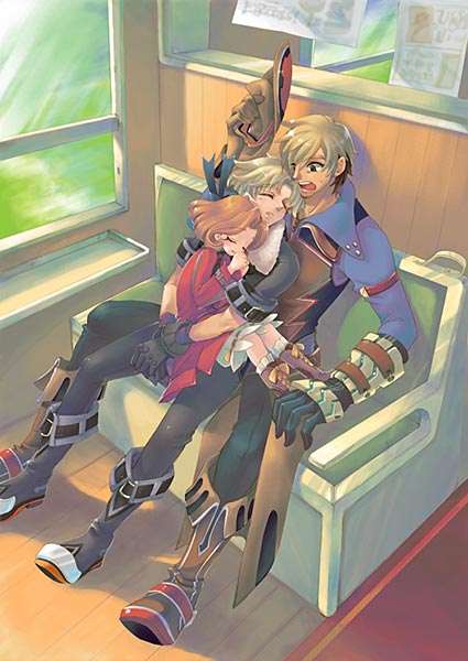 1girl, blonde_hair, brown_hair, carol_anderson, chuck_preston, greg_russellberg, jacket, mitsuharu_nene