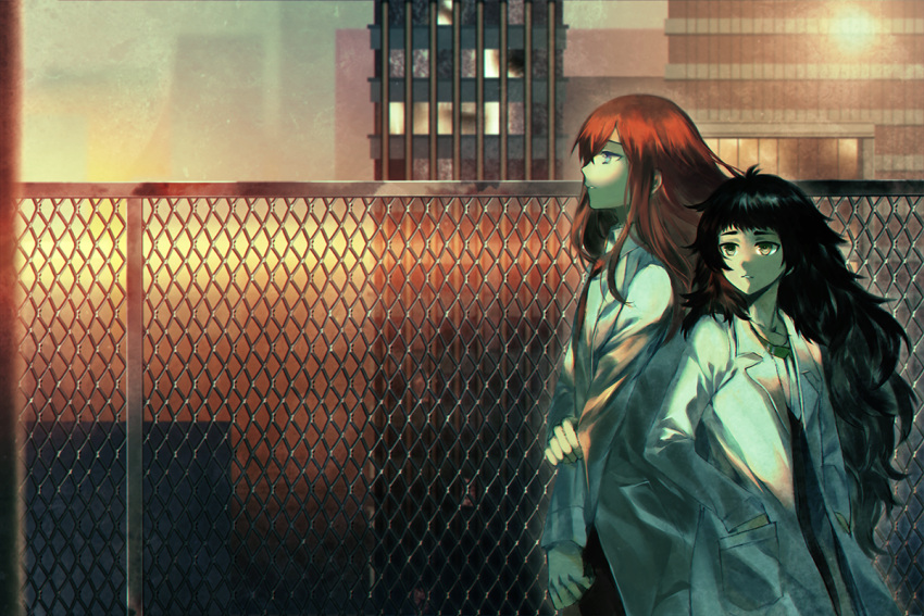 2girls, black_hair, blue_eyes, brown_hair, building, chain-link_fence, collared_shirt, cowboy_shot