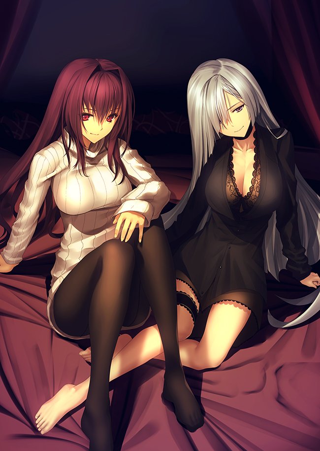 2girls, barefoot, bed, black_dress, breasts, brynhildr_(fate), cleavage, collarbone