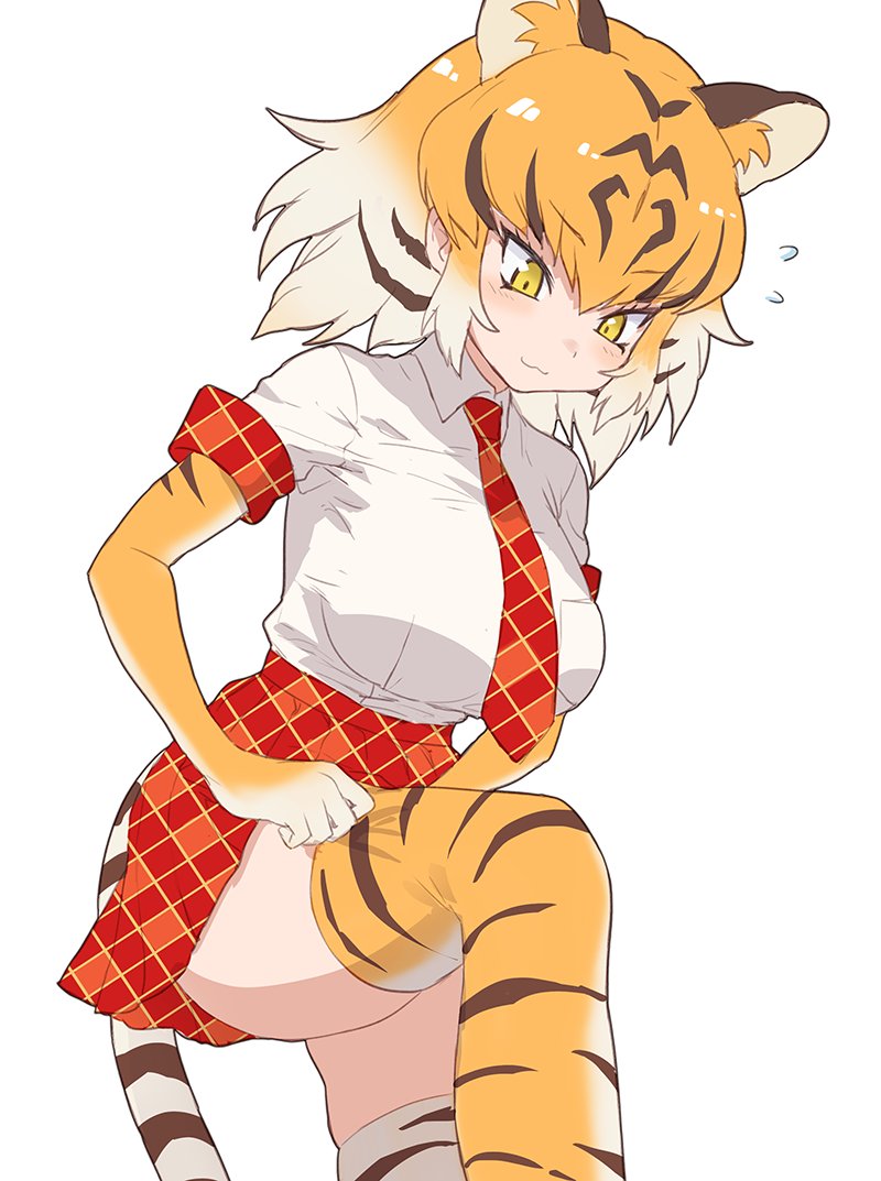 1girl, :3, adjusting_clothes, adjusting_legwear, animal_ears, animal_print, black_hair, blush