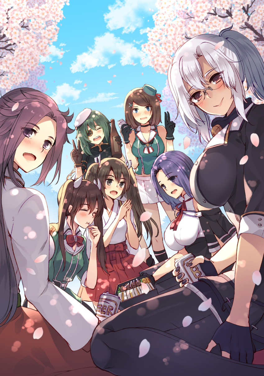 6+girls, beret, black_gloves, blue_eyes, blue_sky, bottle, brown_hair, capelet