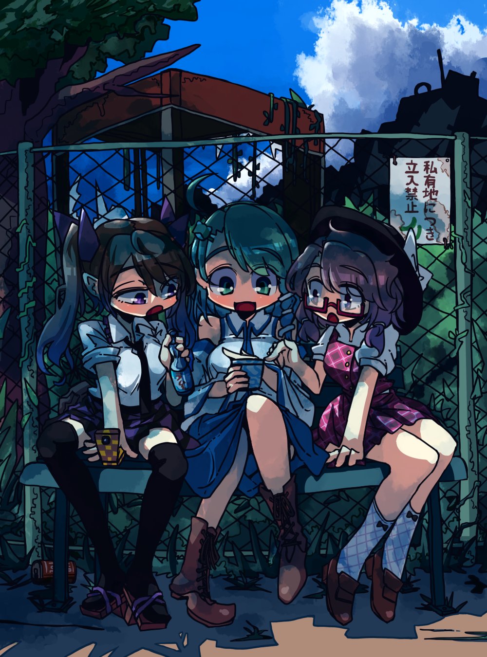 3girls, ahoge, awa_(bihidasu), bare_shoulders, bench, blue_sky, boots, brown_eyes