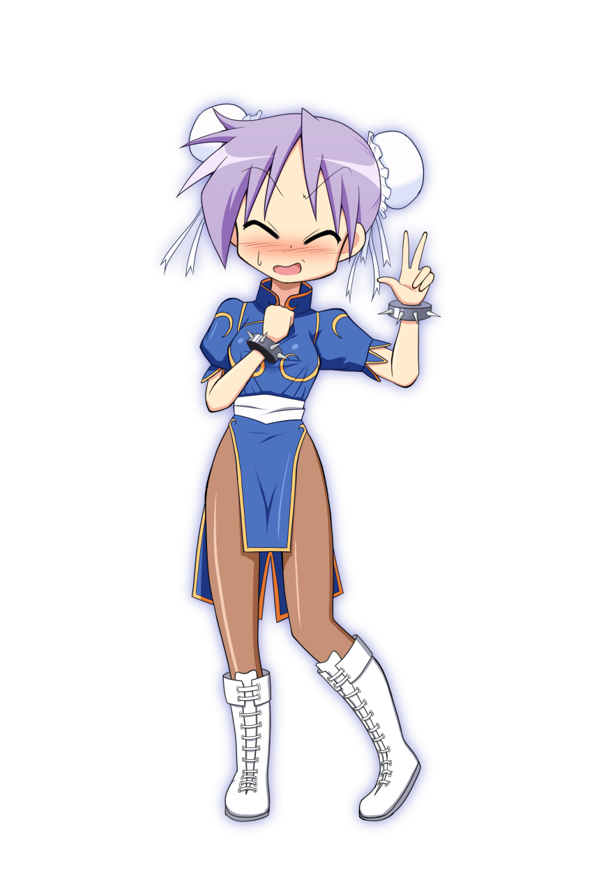 1girl, bangs, blue_dress, blush, boots, bracelet, bun_cover, capcom