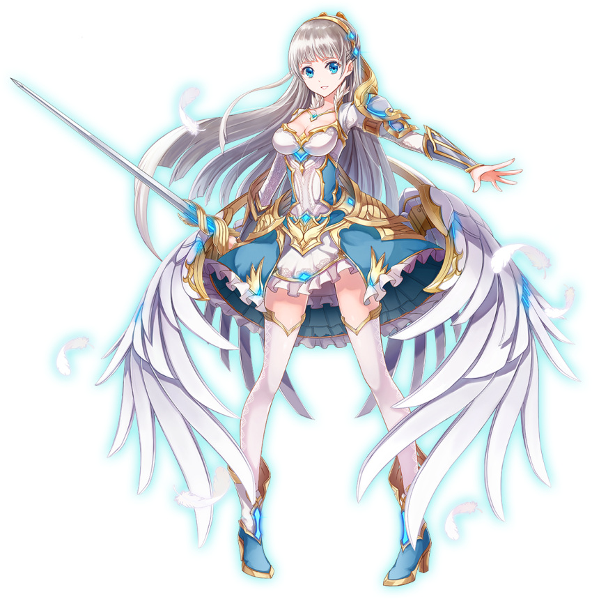 1girl, armor, blue_brooch, blue_dress, blue_footwear, blue_frills, boots, breasts