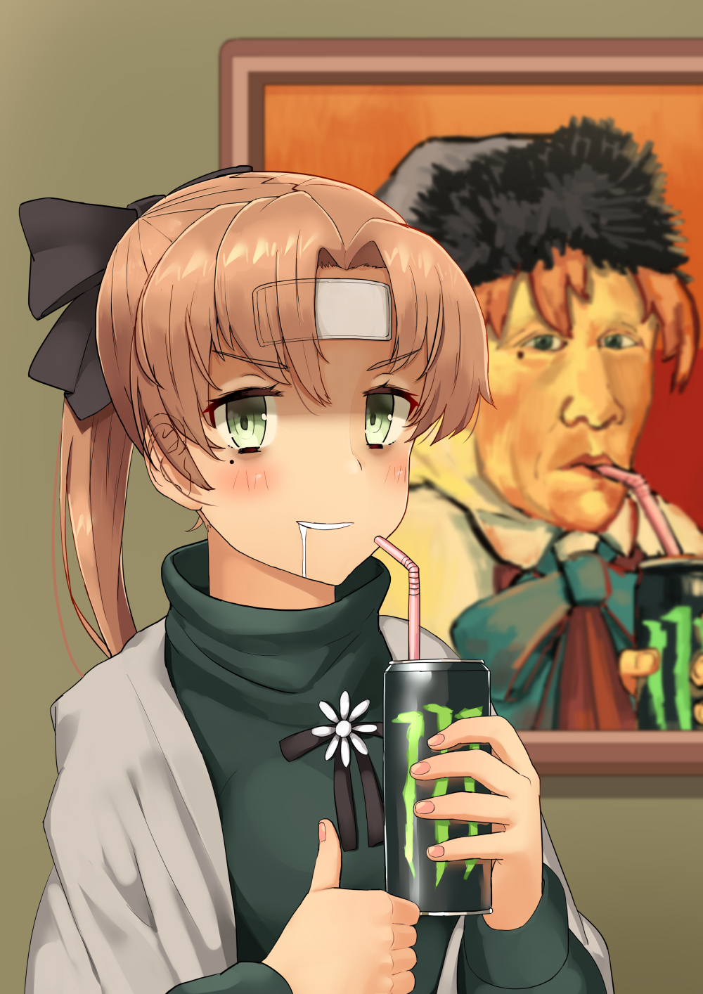 1girl, akigumo_(kantai_collection), bags_under_eyes, black_ribbon, brown_hair, can, drinking_straw, drooling