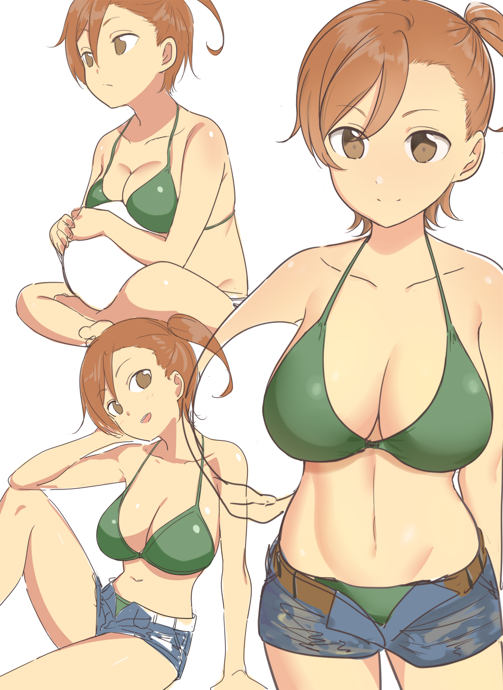 1girl, asymmetrical_bangs, ball, bangs, beachball, bikini, blue_shorts, breast_rest, breasts, brown_eyes, brown_hair, cowboy_shot, gate_-_jieitai_ka_no_chi_nite_kaku_tatakaeri, green_bikini, highres, kuribayashi_shino, large_breasts, multiple_views, navel, open_clothes, open_shorts, short_hair, short_shorts, shorts, side_ponytail, sitting, sketch, smile, swimsuit, uto_ki_te