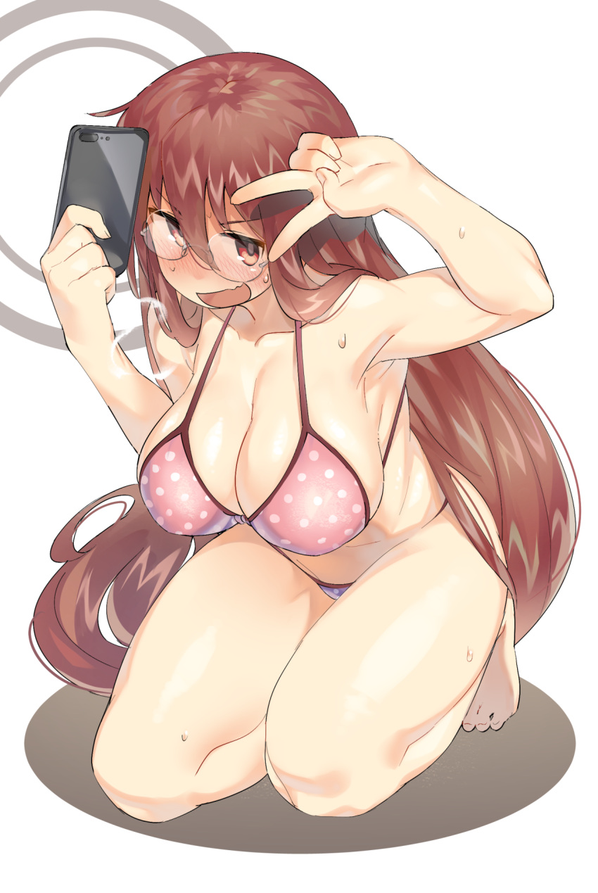 1girl, :d, bangs, bare_arms, bare_legs, bare_shoulders, barefoot, bikini, blush, breasts, brown_hair, cellphone, cleavage, collarbone, fuyajou_yodomi, gankutsu-sou_no_fuyajou-san, glasses, hair_between_eyes, highres, holding, holding_phone, large_breasts, long_hair, looking_at_viewer, monosenbei, nose_blush, open_mouth, phone, pink_bikini, polka_dot, polka_dot_bikini, red_eyes, rimless_eyewear, round_eyewear, smartphone, smile, solo, sweat, swimsuit, thighs, v, v_over_eye, very_long_hair