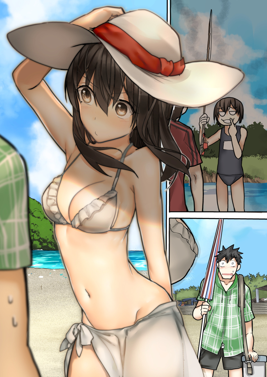 1boy, 1girl, araido_kagiri, beach, bikini, blush, breasts, brown_eyes