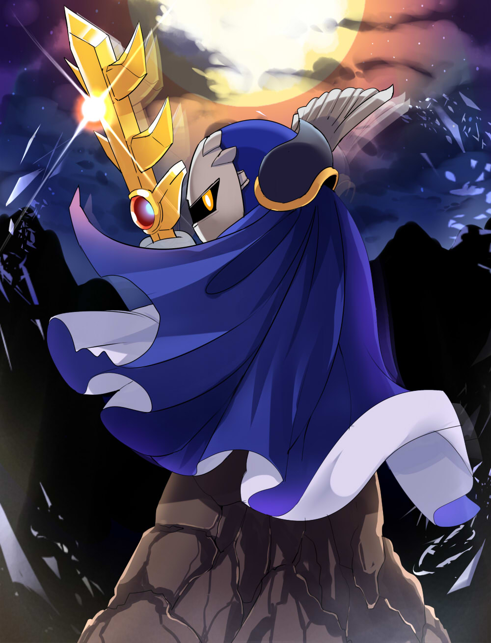 1boy, afterimage, cape, clouds, commentary_request, e.o., galaxia_(sword), glint