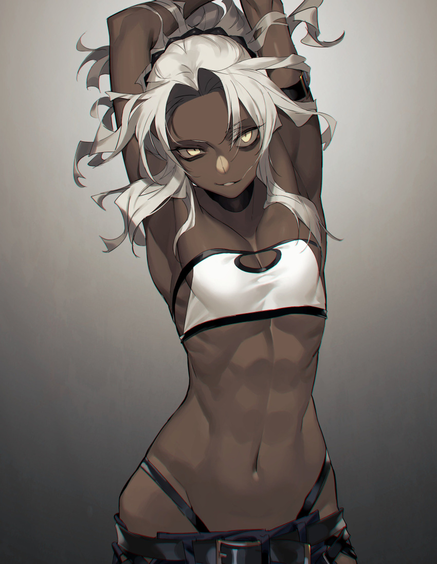 1girl, abs, absurdres, amrkdrw, arm_belt, armpits, arms_up, belt