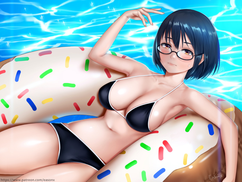 1girl, asobi_asobase, bangs, bare_shoulders, bikini, black-framed_eyewear, black_bikini, blue_hair