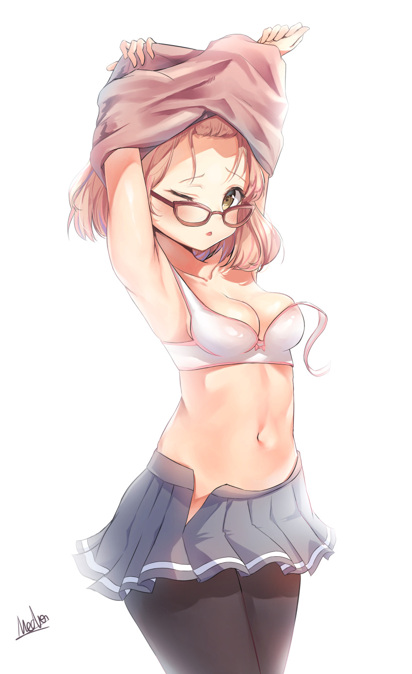 1girl, ;o, absurdres, alswp5806, arms_up, bangs, bare_shoulders, black_legwear