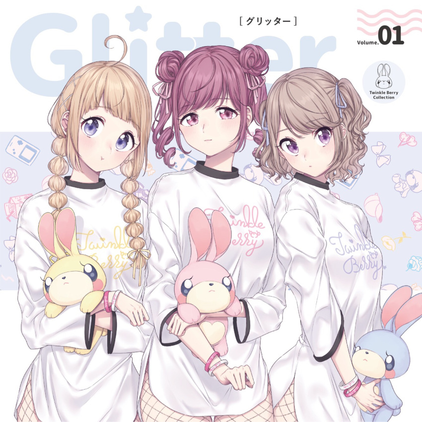 3girls, :t, ahoge, bangs, blonde_hair, blue_eyes, bracelet, braid