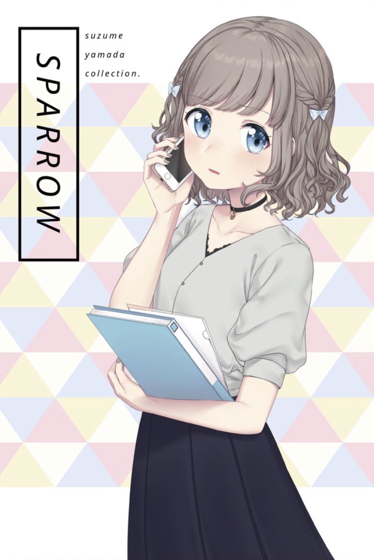 1girl, bangs, black_choker, blue_eyes, book, bow, braid, cellphone, character_name, choker, collarbone, cover, cover_page, doujin_cover, eyebrows_visible_through_hair, grey_hair, grey_nails, grey_shirt, hair_bow, holding, holding_book, holding_phone, nail_polish, navy_blue_skirt, original, parted_lips, phone, pleated_skirt, shirt, short_hair, short_sleeves, skirt, smartphone, solo, talking_on_phone, umeno