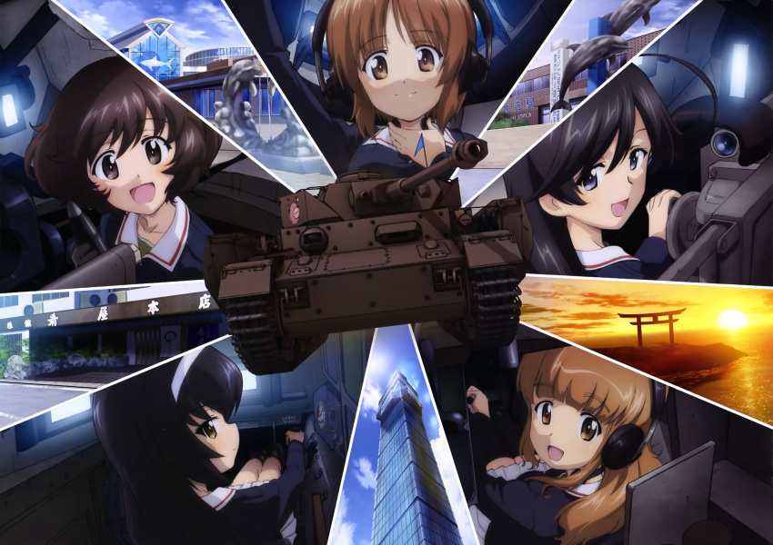 5girls, absurdres, ahoge, akiyama_yukari, aquarium, black_hair, brown_eyes, brown_hair
