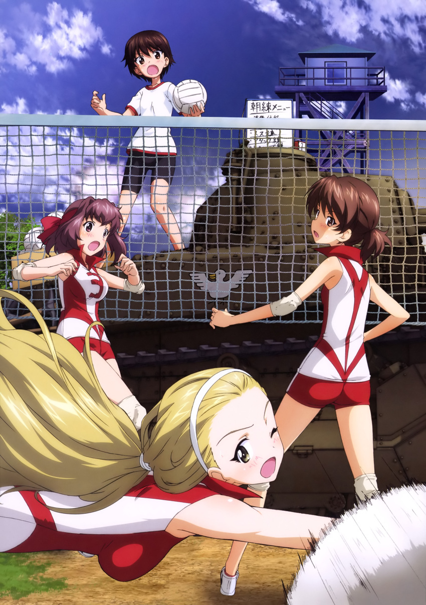 4girls, absurdres, ass, bike_shorts, blonde_hair, breasts, brown_eyes, brown_hair