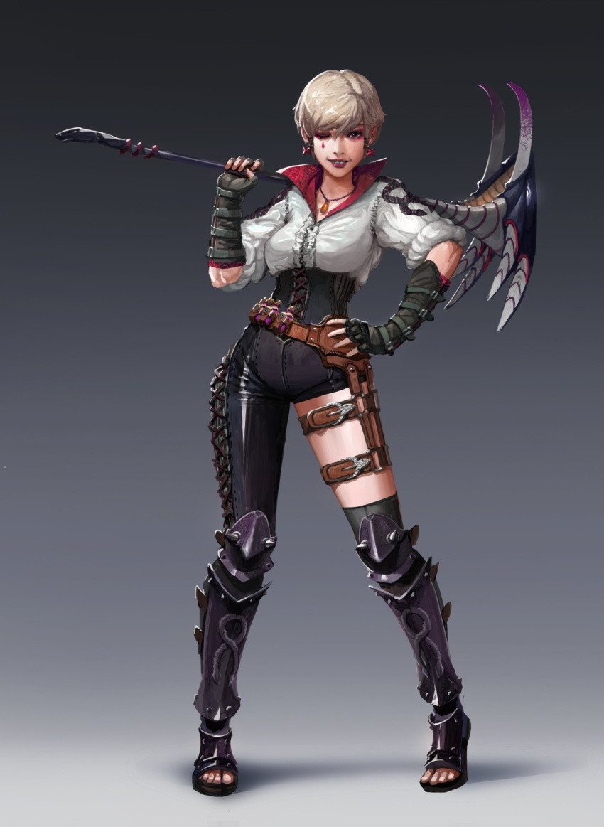 1girl, belt, black_legwear, boots, bracer, earrings, facial_tattoo, fingerless_gloves