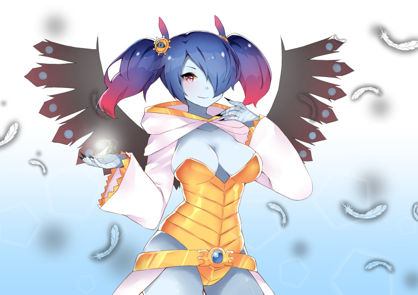 1girl, absurdres, belt, black_nails, blue_background, blue_hair, blue_skin, breasts