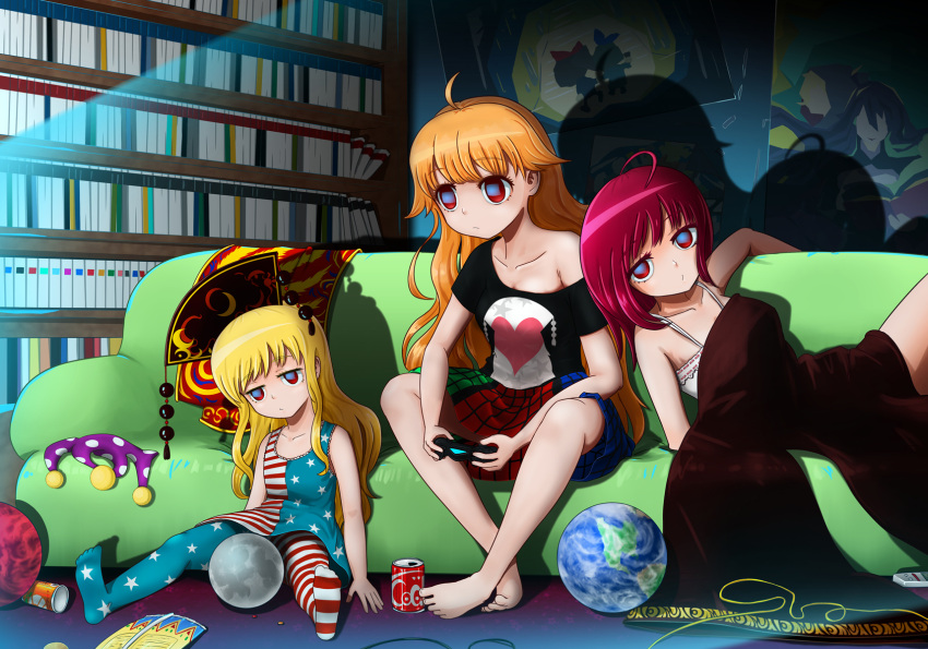 3girls, adapted_costume, alternate_costume, american_flag_dress, american_flag_legwear, barefoot, blonde_hair, book
