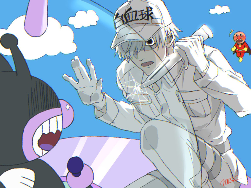3boys, anpanman, anpanman_(character), baikinman, cape, cracked_glass, crossover, flying