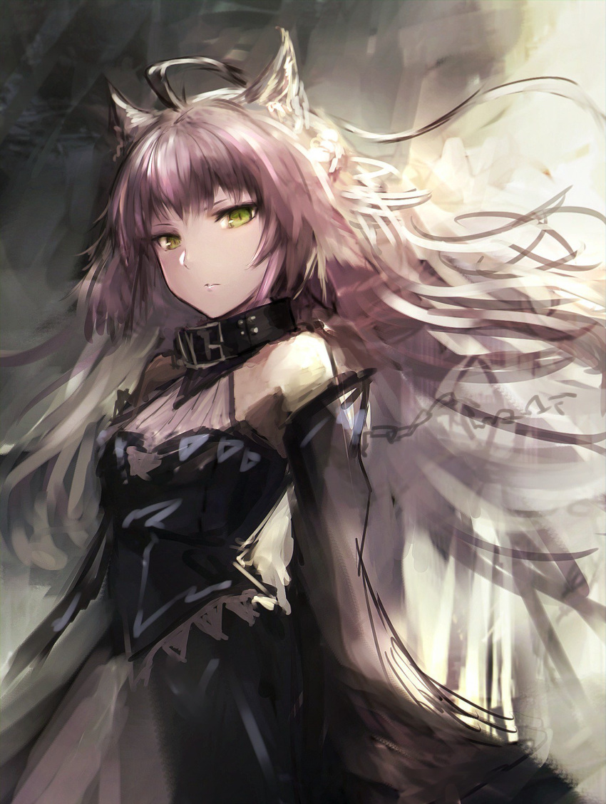 1girl, ahoge, animal_ears, atalanta_(alter)_(fate), atalanta_(fate), bare_shoulders, belt_collar, black_dress, breasts, cat_ears, closed_mouth, commentary_request, dress, fate/grand_order, fate_(series), green_eyes, highres, hometa, looking_at_viewer, pink_hair, sketch, slit_pupils, small_breasts, solo