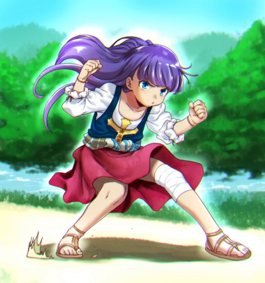 1girl, :o, aoba_(smartbeat), bandaged_knees, blue_eyes, clenched_hands, cross, fate/grand_order