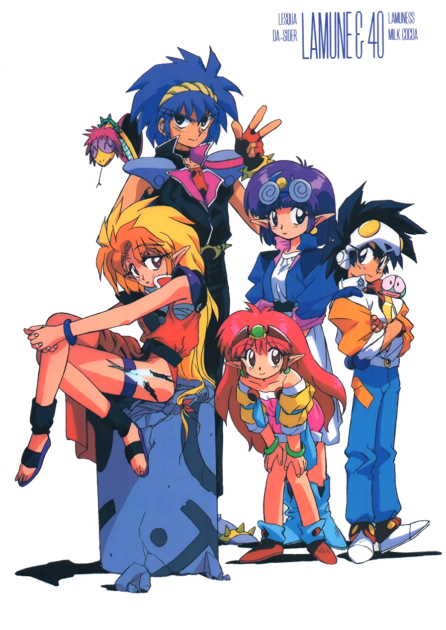2boys, 3girls, 90s, arara_cocoa, arara_milk, baba_lamune, black_eyes, black_hair