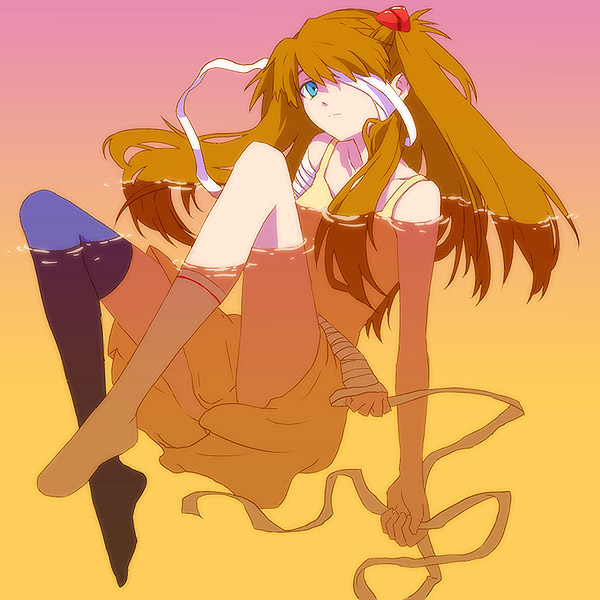 asymmetrical_clothes, bandage, bandage_over_one_eye, bandages, bare_shoulders, black_legwear, blue_eyes, different_socks
