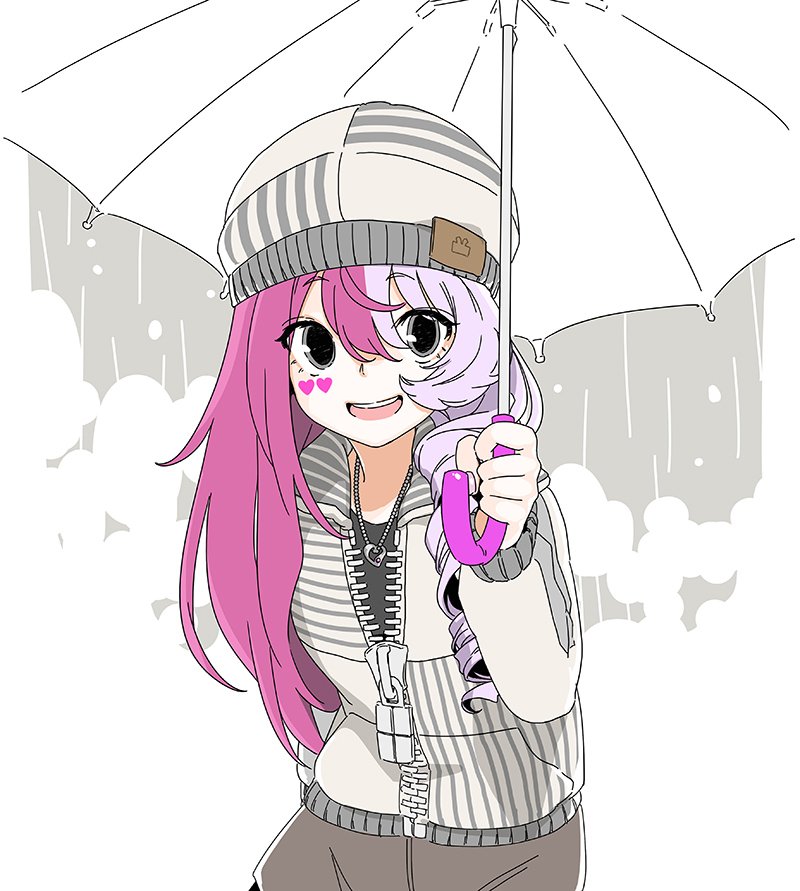 #compass, 1girl, asymmetrical_hair, beanie, brown_skirt, commentary_request, drill_hair, grey_background